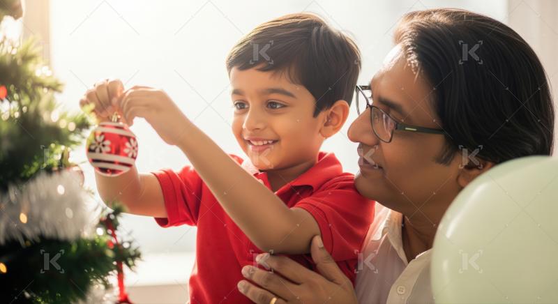 Happy indian father and son decorating christmas tree