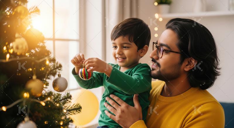 Happy indian father and son decorating christmas tree