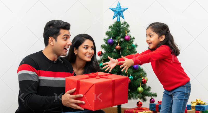 A young girl reaches out with excitement to receive a large wrapped present from her family, celebrating together beside a decorated Christmas tree.​