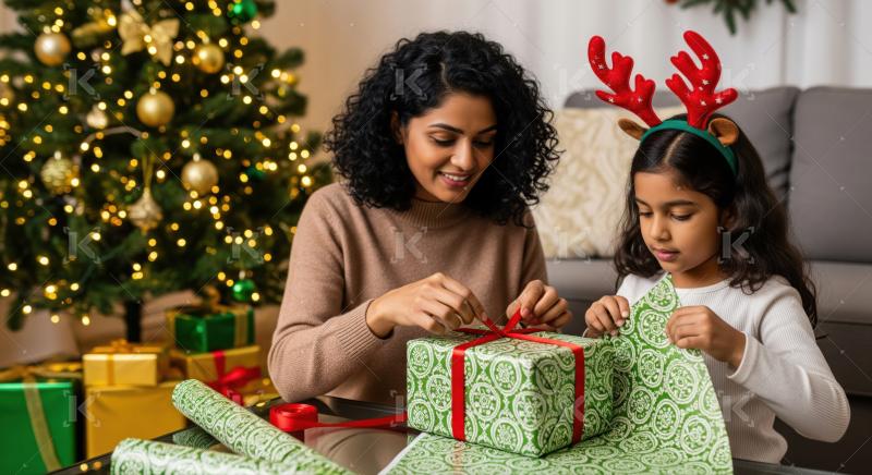 A joyful young girl in a Santa hat excitedly reaches out for a Christmas present from her mother