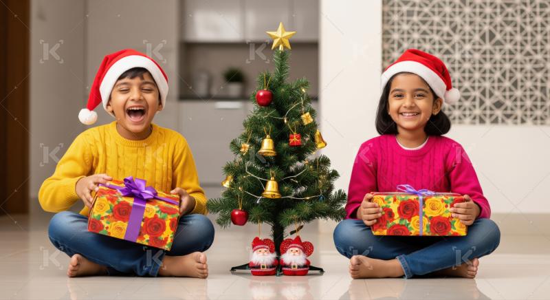 Two children in Santa hats sit on the floor with wrapped gifts beside a small decorated Christmas tree