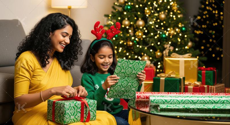 A joyful young girl in a Santa hat excitedly reaches out for a Christmas present from her mother