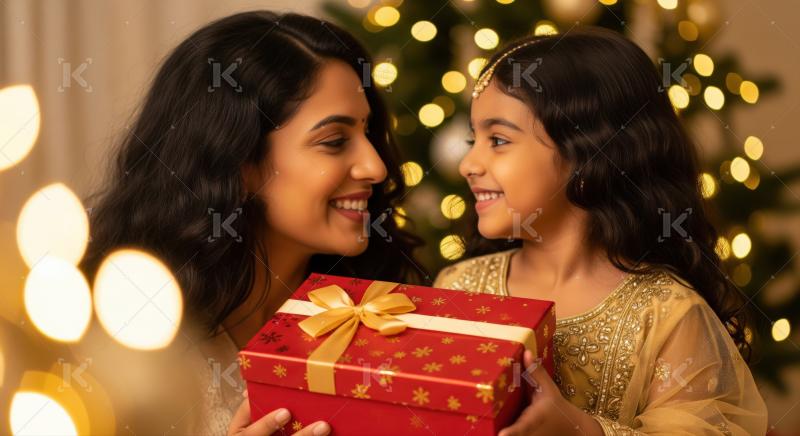 A joyful young girl in a Santa hat excitedly reaches out for a Christmas present from her mother