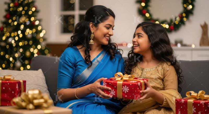 A joyful young girl in a Santa hat excitedly reaches out for a Christmas present from her mother