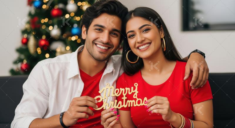 A young couple in matching red attire sits by a Christmas tree, smiling and holding a "Merry Christmas" decoration together.​