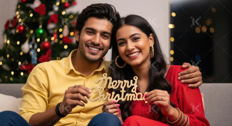 A young couple in matching red attire sits by a Christmas tree, smiling and holding a "Merry Christmas" decoration together.​