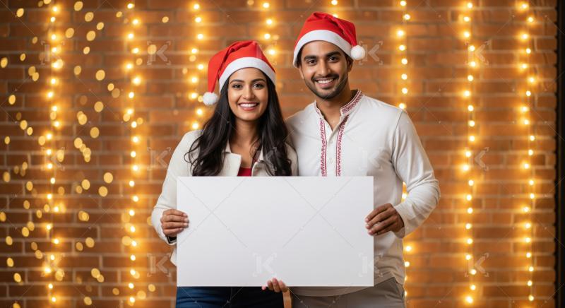 A couple in Santa hats stands together holding a blank sign, ready for festive greetings against a sparkling light and brick wall backdrop.​