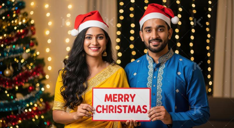 A couple in festive Indian attire and Santa hats holds a "Merry Christmas" sign in front of a glowing tree and holiday lights.​