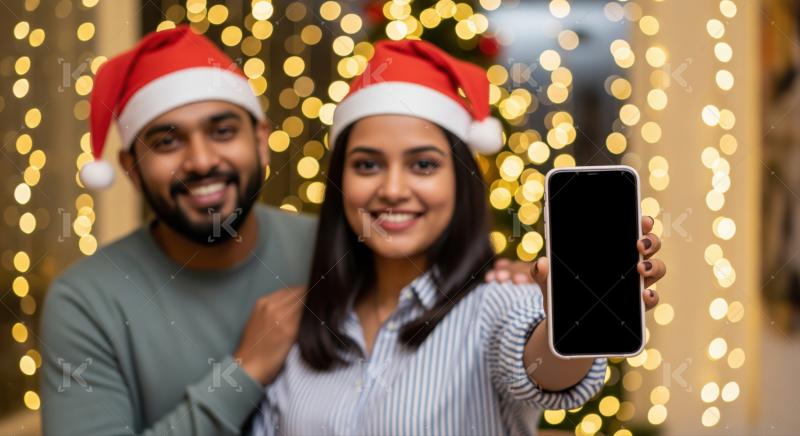 A couple in Santa hats stands in front of festive lights, with the woman holding a smartphone
