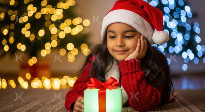 Little girl in a Santa hat and red coat stands next to a beautifully decorated Christmas tree with glowing lights