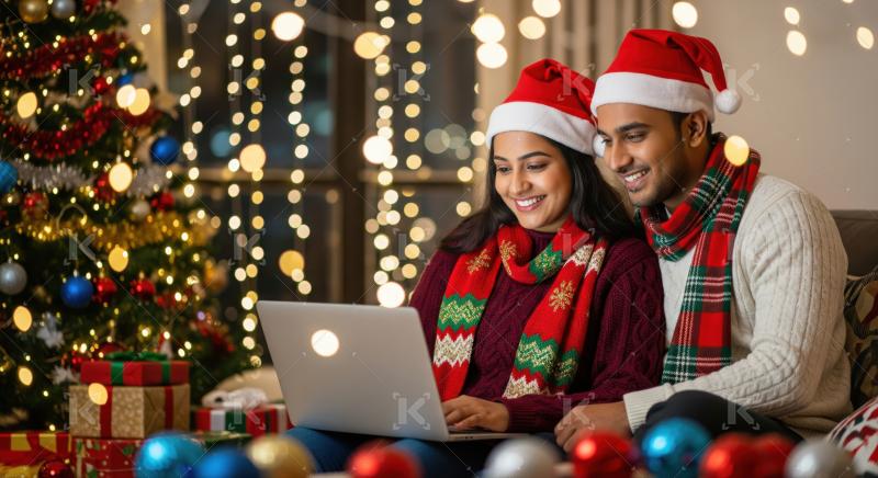 A couple wearing Santa hats and festive scarves sits together with a laptop, celebrating Christmas
