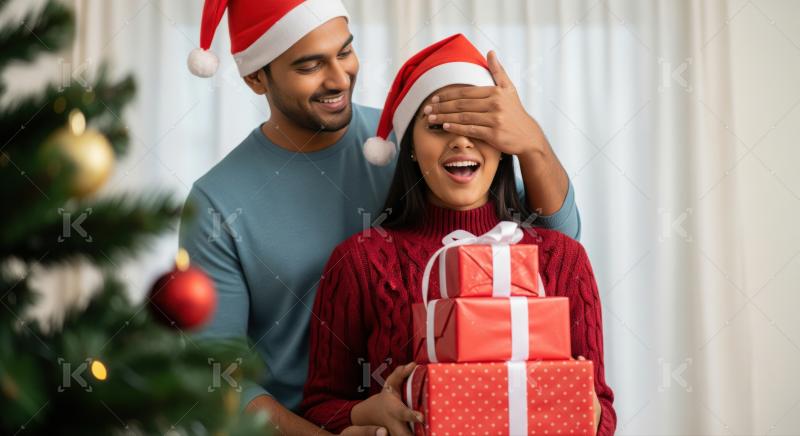 A young couple in Santa hats exchange a Christmas gift with warm smiles, surrounded by festive lights