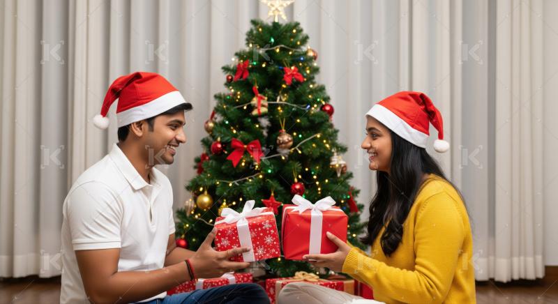 A young couple in Santa hats exchange a Christmas gift with warm smiles, surrounded by festive lights