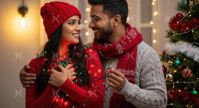 A young couple in Santa hats exchange a Christmas gift with warm smiles, surrounded by festive lights