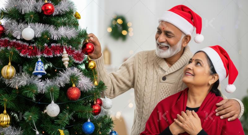 An elderly Indian couple in Santa hats smiles warmly together in front of a festive Christmas tree