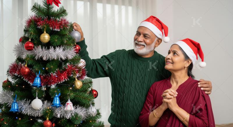 An elderly Indian couple in Santa hats smiles warmly together in front of a festive Christmas tree