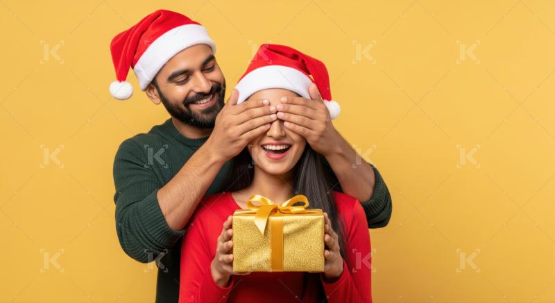A young couple in Santa hats exchange a Christmas gift with warm smiles, surrounded by festive lights
