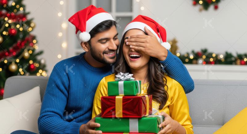 A young couple in Santa hats exchange a Christmas gift with warm smiles, surrounded by festive lights