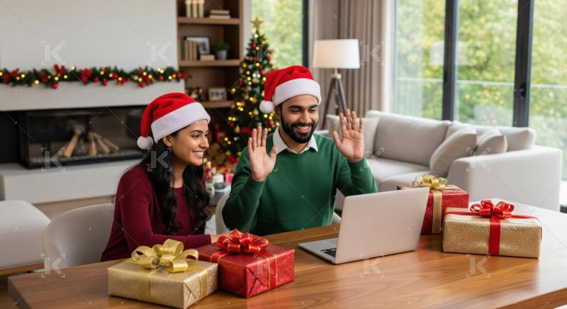 A couple wearing Santa hats greets family or friends over a video call, surrounded by festive Christmas decorations