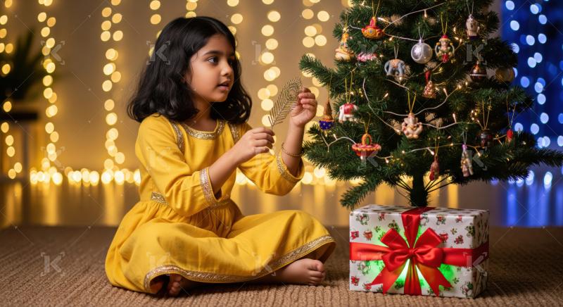 Girl in a Santa hat joyfully decorates a Christmas tree with colorful ornaments and bright lights during the festive season.