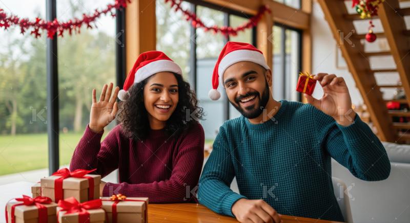 Indian couple in festive attire and Santa hats sit together surrounded by colorful wrapped gifts, celebrating Christmas at home.