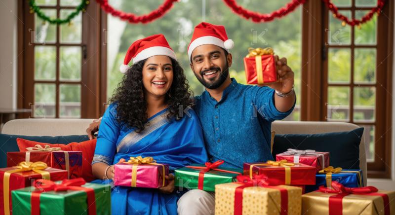 Indian couple in festive attire and Santa hats sit together surrounded by colorful wrapped gifts, celebrating Christmas at home.