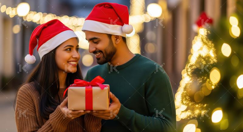 A young couple in Santa hats exchange a Christmas gift with warm smiles, surrounded by festive lights