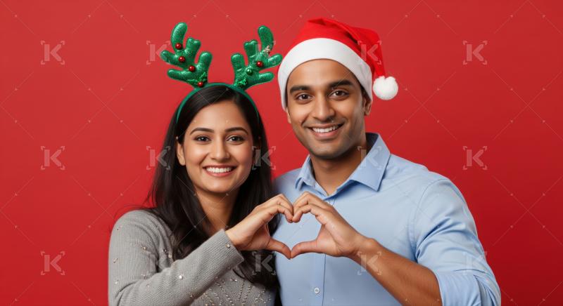 A festive couple creates a heart shape with their hands, dressed in holiday accessories