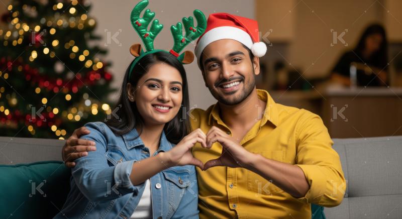 A festive couple creates a heart shape with their hands, dressed in holiday accessories