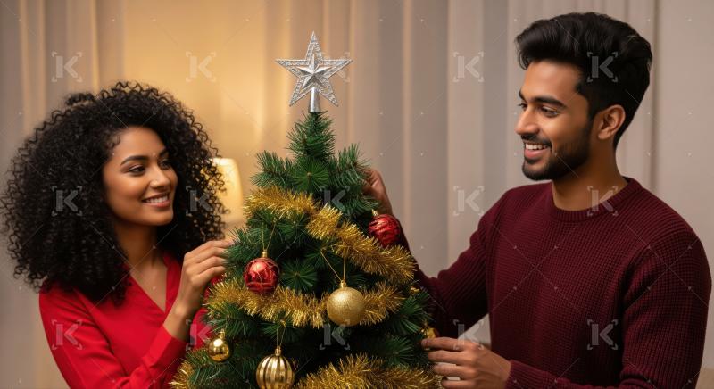 A young man and woman decorate a Christmas tree with golden garlands and ornaments