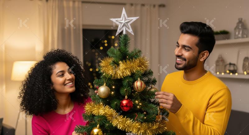 A young man and woman decorate a Christmas tree with golden garlands and ornaments