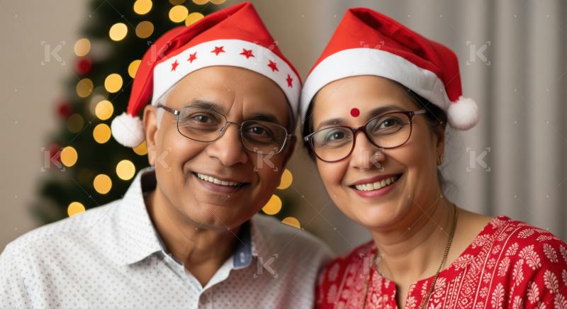 An elderly Indian couple in Santa hats smiles warmly together in front of a festive Christmas tree