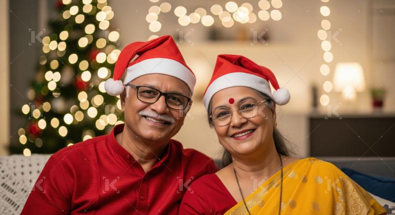 An elderly Indian couple in Santa hats smiles warmly together in front of a festive Christmas tree