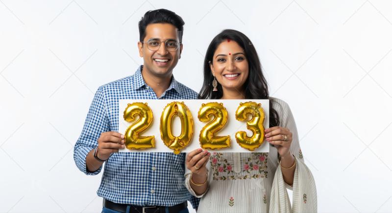 A couple dressed in coordinated outfits holds up golden "2023" balloons, celebrating the New Year together against a plain white background.