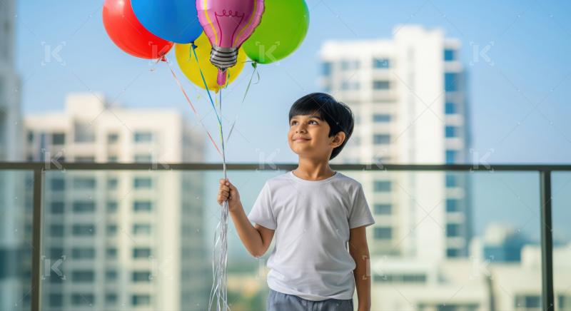 Indian boy sweater holds bright blue and yellow balloons against a plain white background.