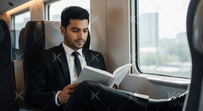 A businessman reads a book while traveling on a train, seated comfortably next to a window with a cityscape in the background.