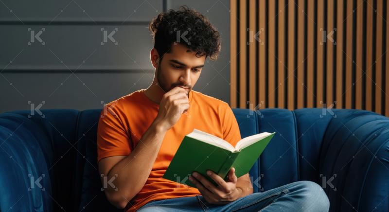A young man in t-shirt on sofa, reading a green book and thinking deeply in a cozy modern room.