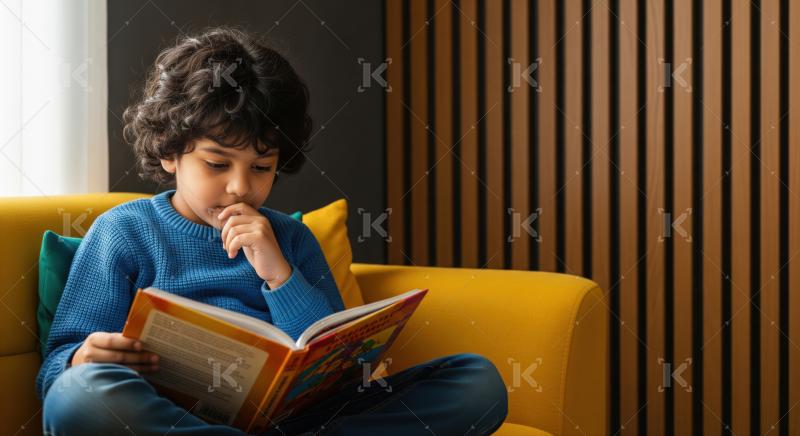 A young boy in a blue sweater sits cross-legged on a yellow couch, deeply engaged in reading a colorful book