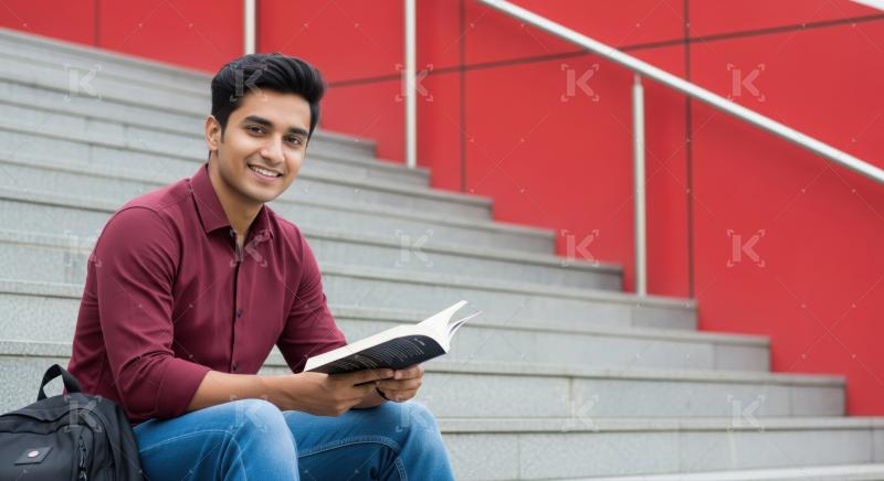 A young man sits on outdoor steps, reading a book with a black backpack at his side and a red wall in the background.