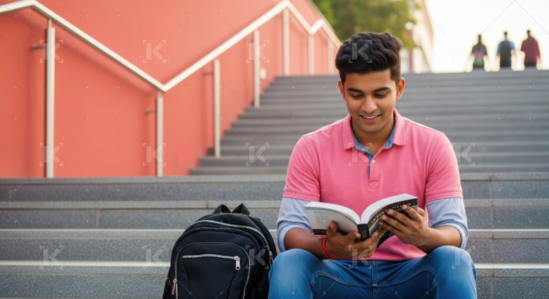 A young man sits on outdoor steps, reading a book with a black backpack at his side and a red wall in the background.