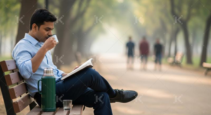 A man sits on a park bench, sipping tea from a cup and reading a book, enjoying a peaceful moment outdoors with a thermos beside him.​