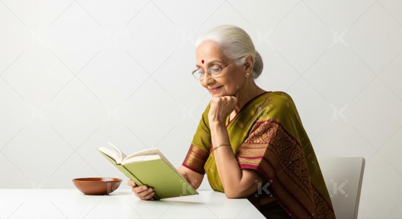 An elderly woman dressed in a traditional green saree thoughtfully reads a book at a white table, embodying wisdom and grace in a serene setting.​
