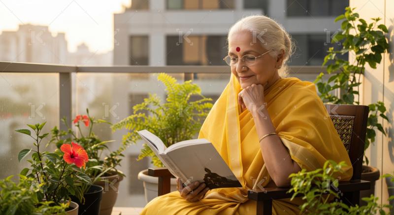 An elderly woman in a yellow saree enjoys a peaceful morning rea