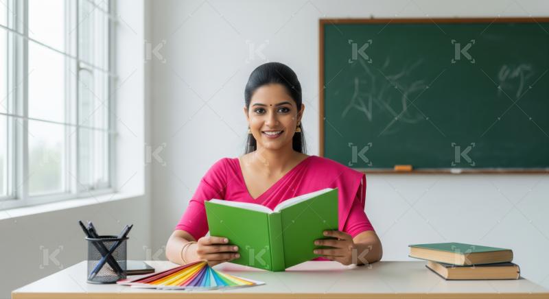 A woman in a pink sari sits at a classroom desk reading a green book, surrounded by study materials with a chalkboard in the background.
