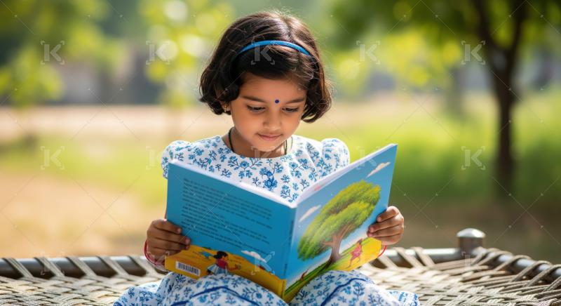 Girl sits indoors on a couch, wearing a blue dress and reading a colorful storybook featuring a tree and birds on the cover.​