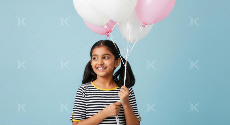 Girl with holding pink and white balloons against a light blue background.​