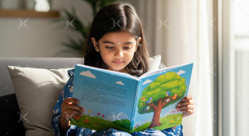 Girl sits indoors on a couch, wearing a blue dress and reading a colorful storybook featuring a tree and birds on the cover.