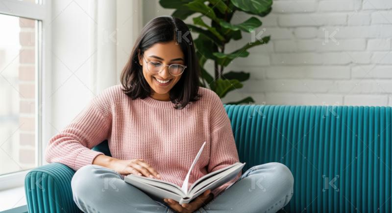 A young woman in sweater sits cross-legged on a teal sofa, reading a book in a bright, modern room with a plant in the background.​