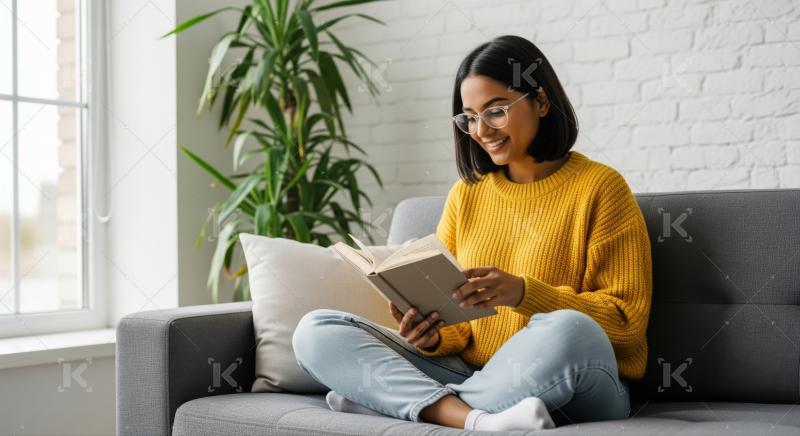 A young woman in sweater sits cross-legged on a teal sofa, reading a book in a bright, modern room with a plant in the background.​