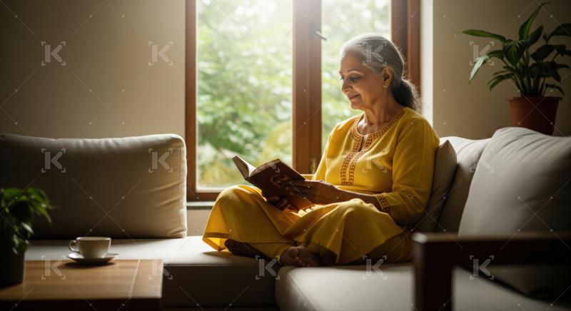 An elderly woman in a yellow kurta sits peacefully on a sofa, reading a book by the window in a sunlit, cozy living room.